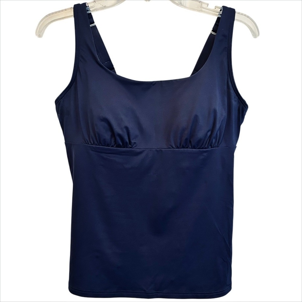 Lands End Tankini Top Swimsuit 8 DDD Navy Blue Underwire Tummy Control Beach UPF